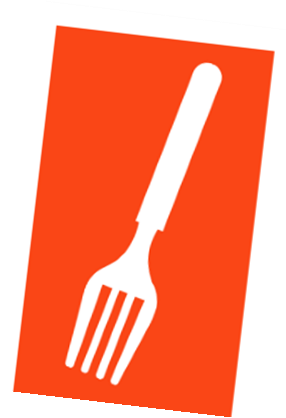 An orange sign with a white fork on it