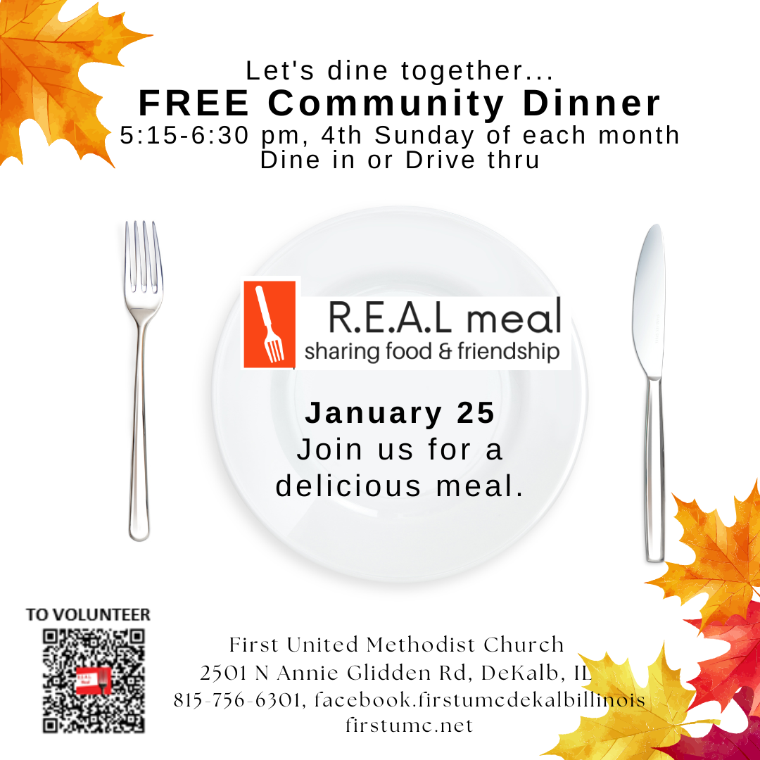 Free community dinner flyer: January 25, 5:15-6:30pm, dine-in/drive-thru at First United Methodist Church, Dekalb, IL.