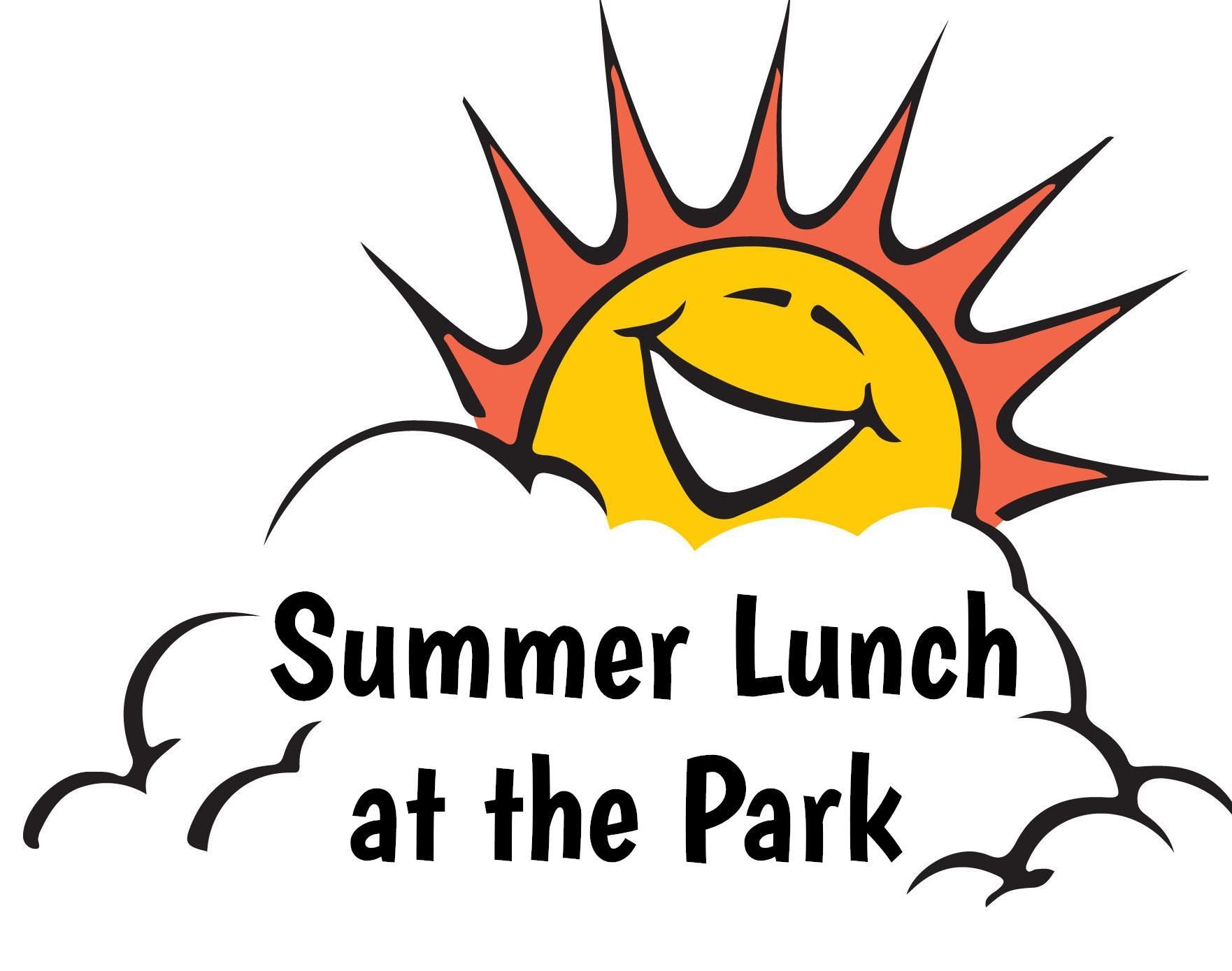 A logo for summer lunch at the park with a smiling sun