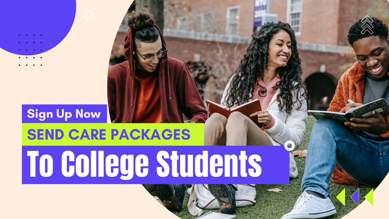 Three college students smiling while reading outdoors, advertisement for sending care packages.
