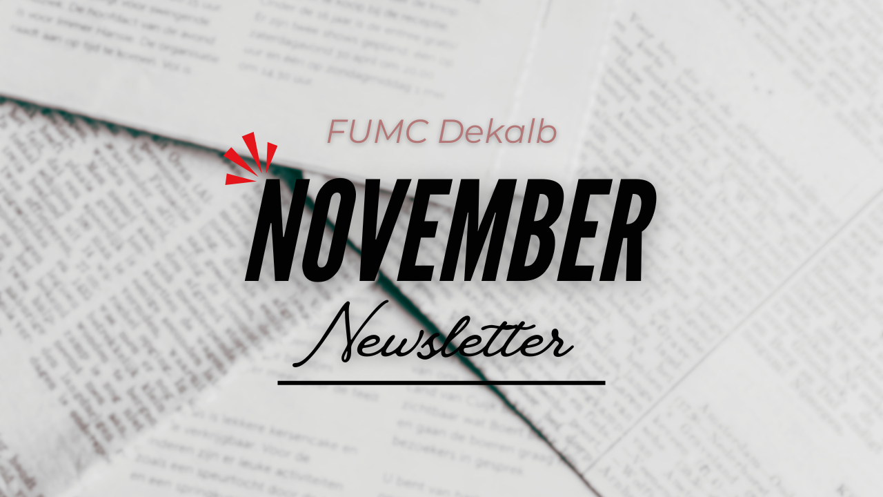 November newsletter cover with text on a blurred document background. Church logo in corner.