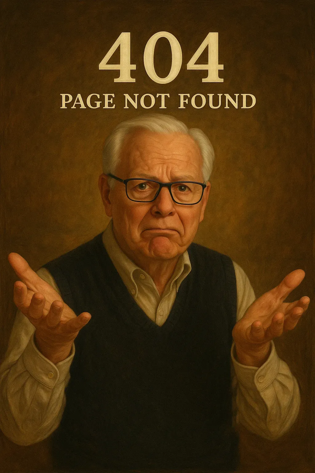 A painting of an older man with glasses and the words 404 page not found