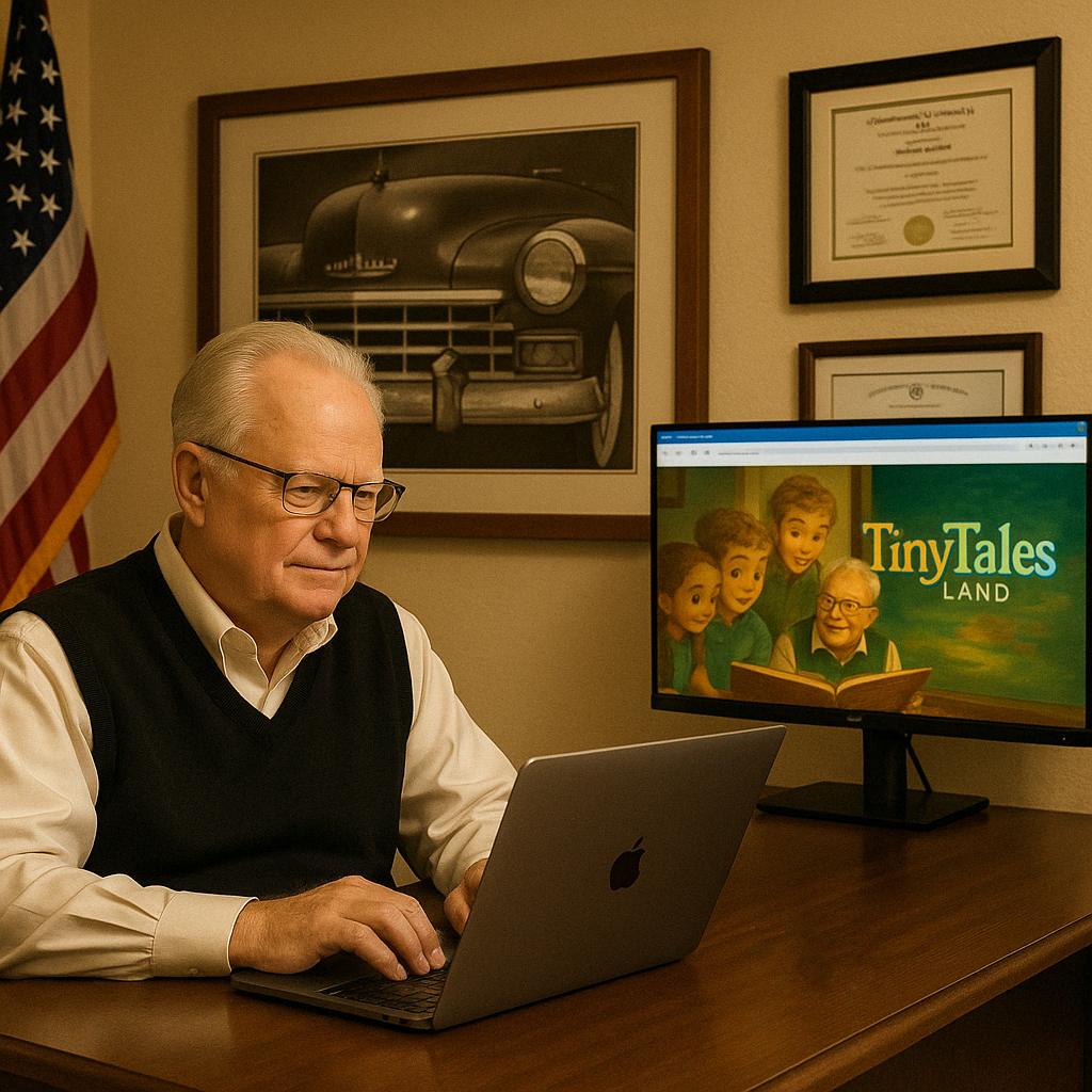 A man is sitting at a desk using a laptop with tinytales on the screen