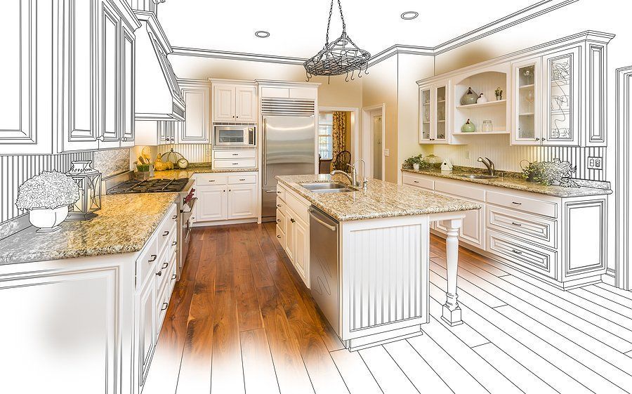 Partially sketched kitchen with white cabinets, granite countertops, and stainless steel appliances.