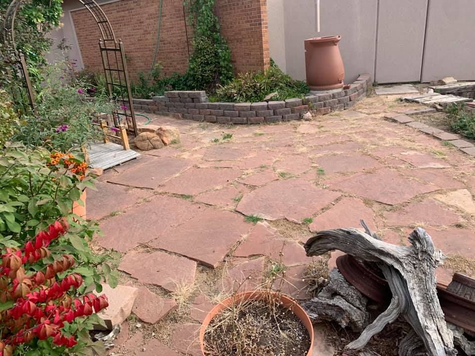 A stone patio with a potted plant and a pile of wood.