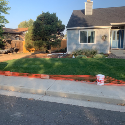 A house with a fence around it and a bucket on the sidewalk