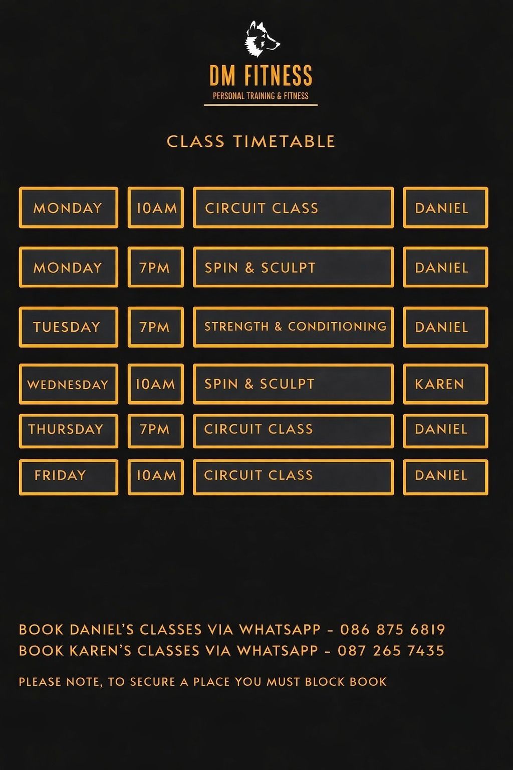 December class timetable: fitness classes (circuit, spin) listed by day and time, taught by Daniel and Karen.