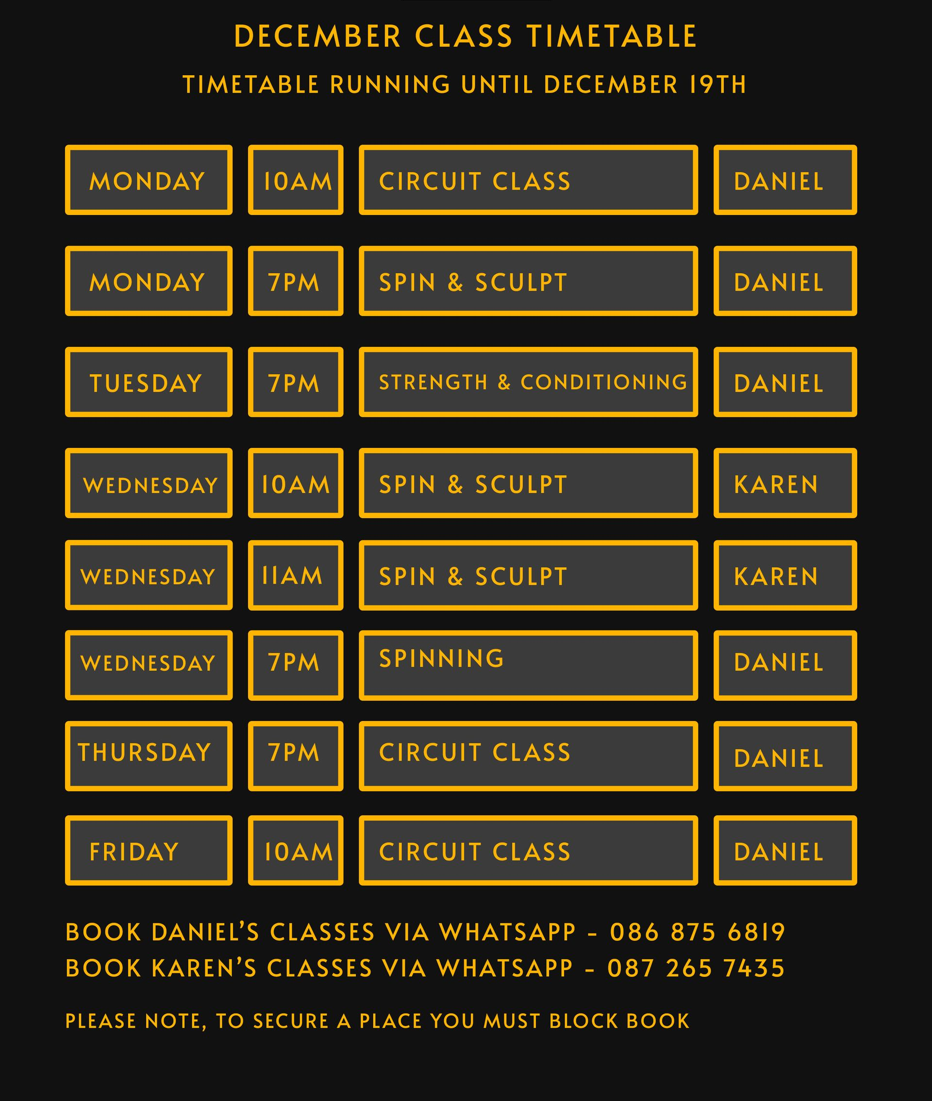 December class timetable: fitness classes (circuit, spin) listed by day and time, taught by Daniel and Karen.