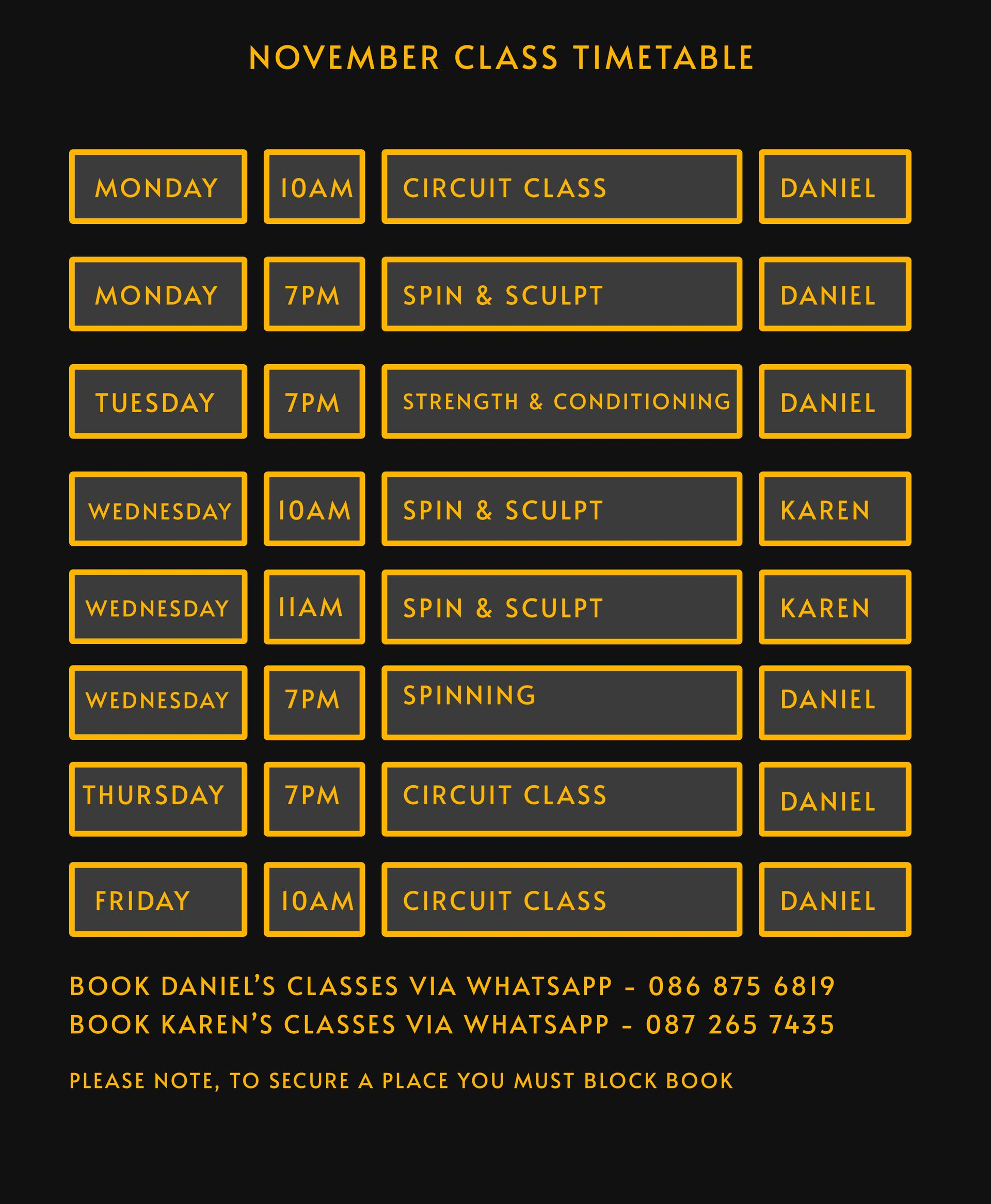 October class timetable: fitness classes (circuit, spin) listed by day and time, taught by Daniel and Karen.