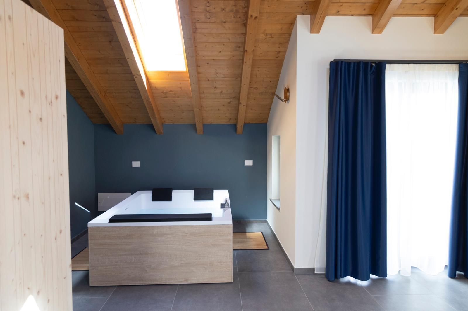 Una camera da letto con un letto e una vasca da bagno