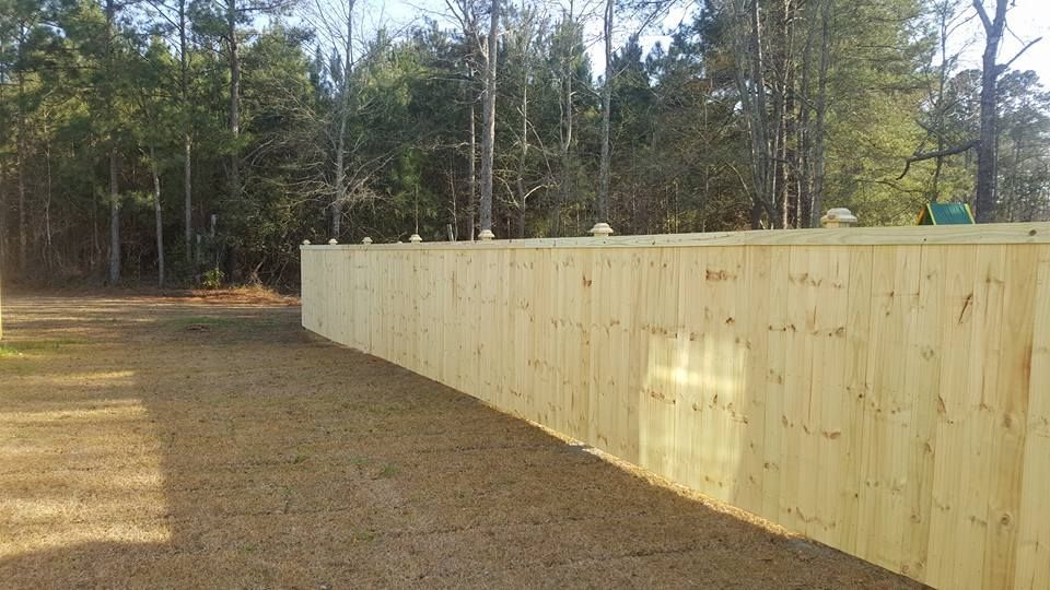 A long wooden fence surrounds a dirt field with trees in the background.