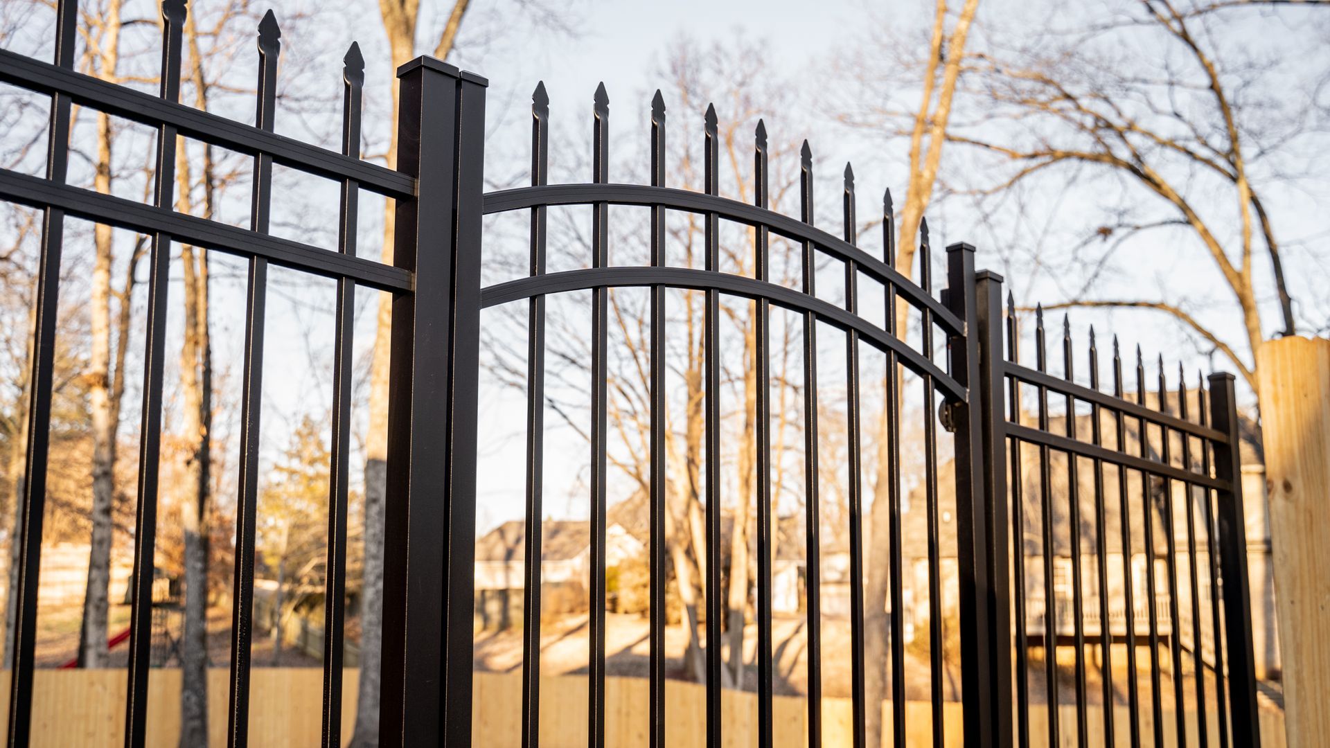 A close up of a black wrought iron fence with trees in the background.