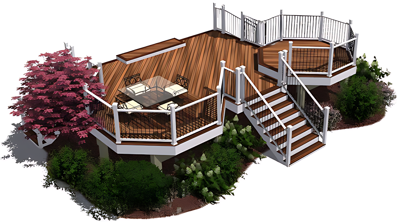 A wooden deck with stairs and a table and chairs on it.