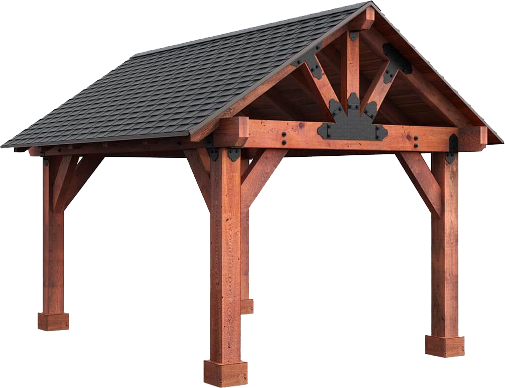 A wooden pavilion with a black roof on a white background.