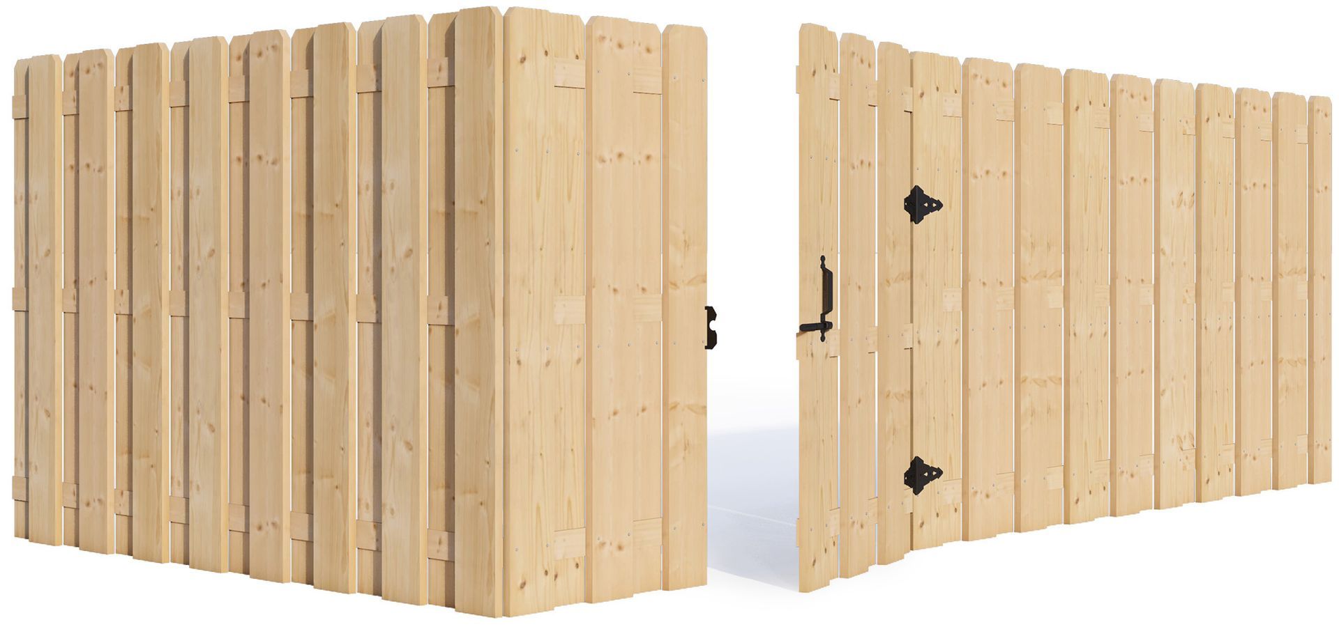 A wooden fence with a gate that is open and closed.