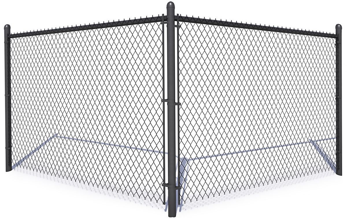 A chain link fence with two gates open on a white background.