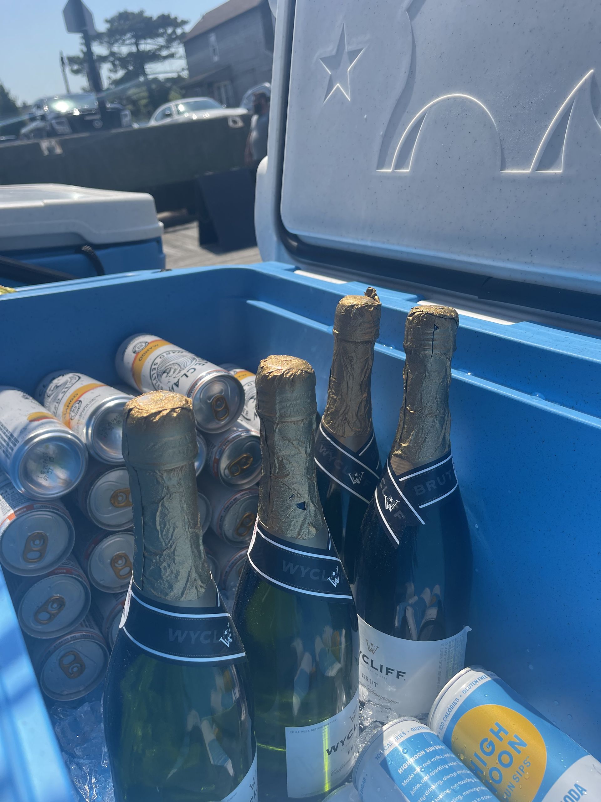 A blue cooler filled with champagne bottles and cans of beer, outside on a sunny day.