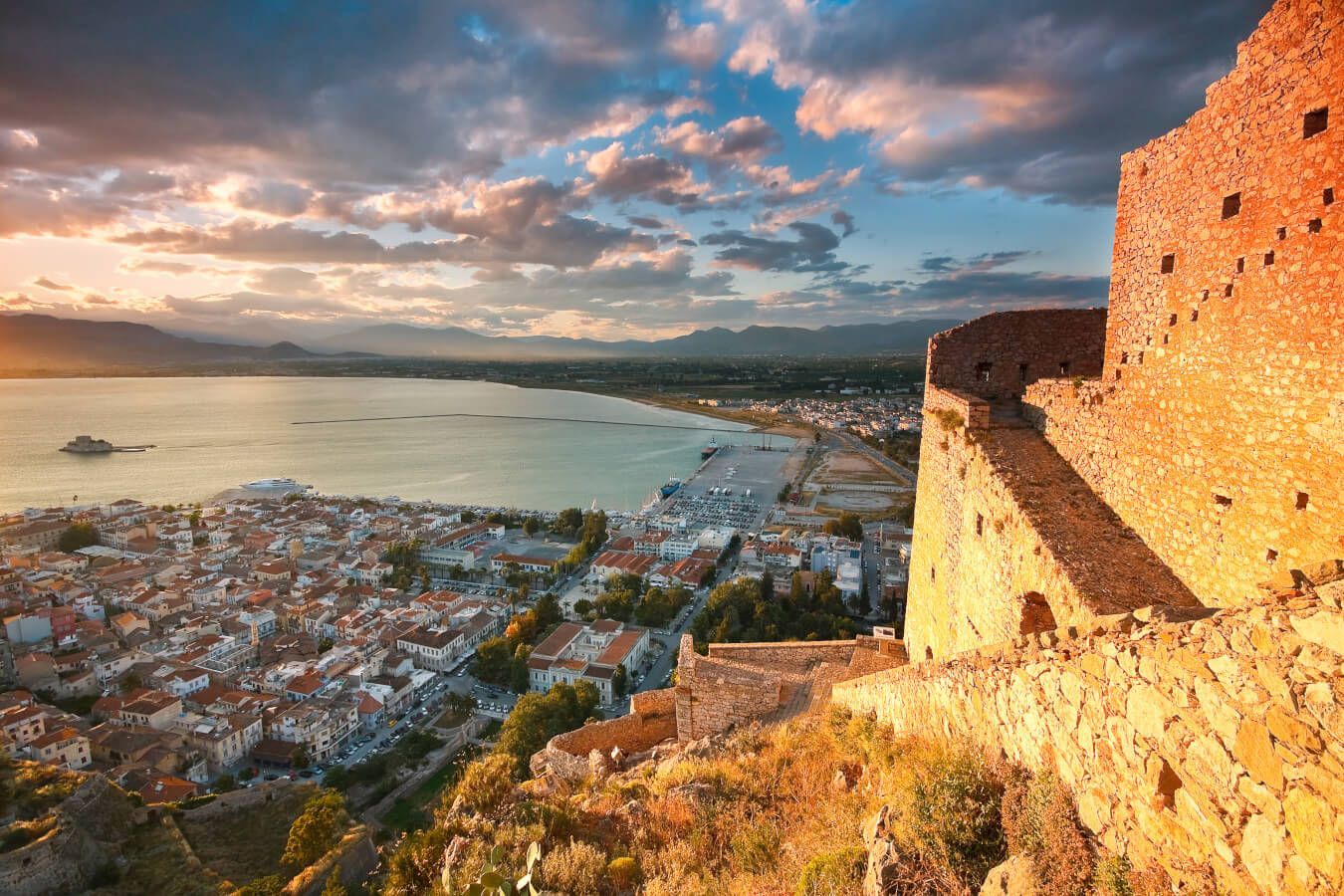 View of Nafplio from Palamidi Fortress at sunset