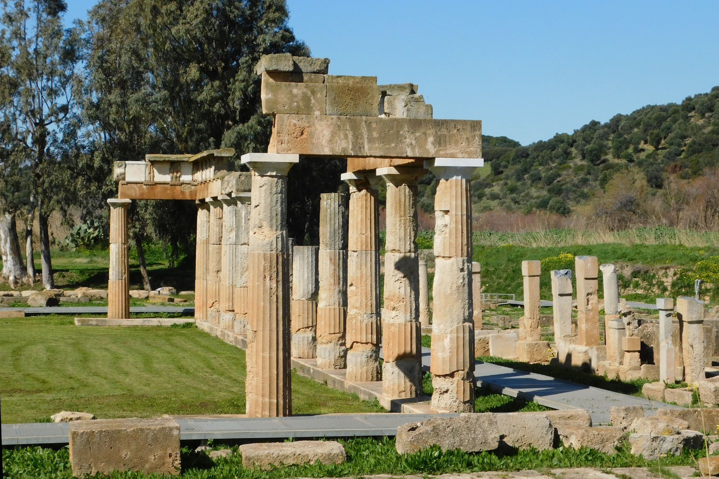 The restored stoa at the Sanctuary of Artemis in Vravrona, East Attica.