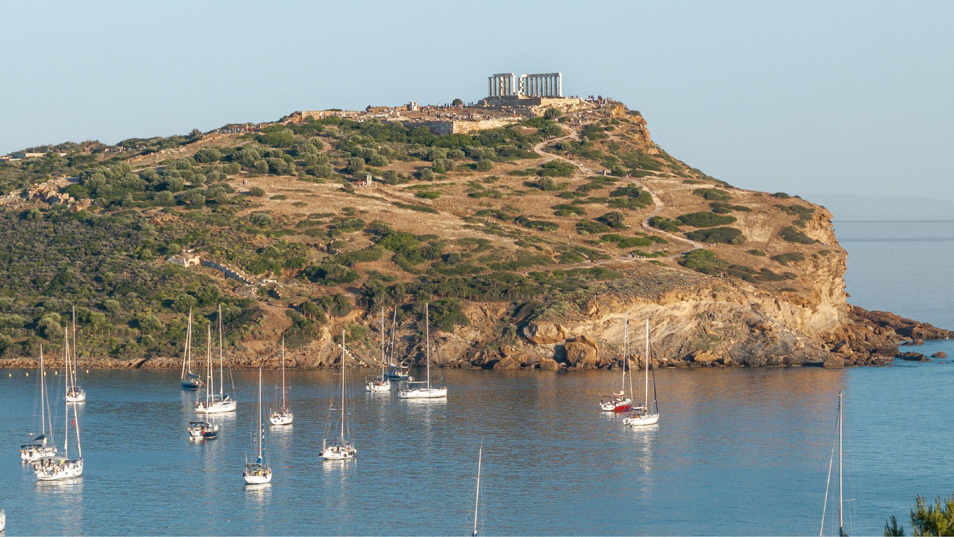Cape Sounion hilltop with the Temple of Poseidon overlooking the Aegean Sea