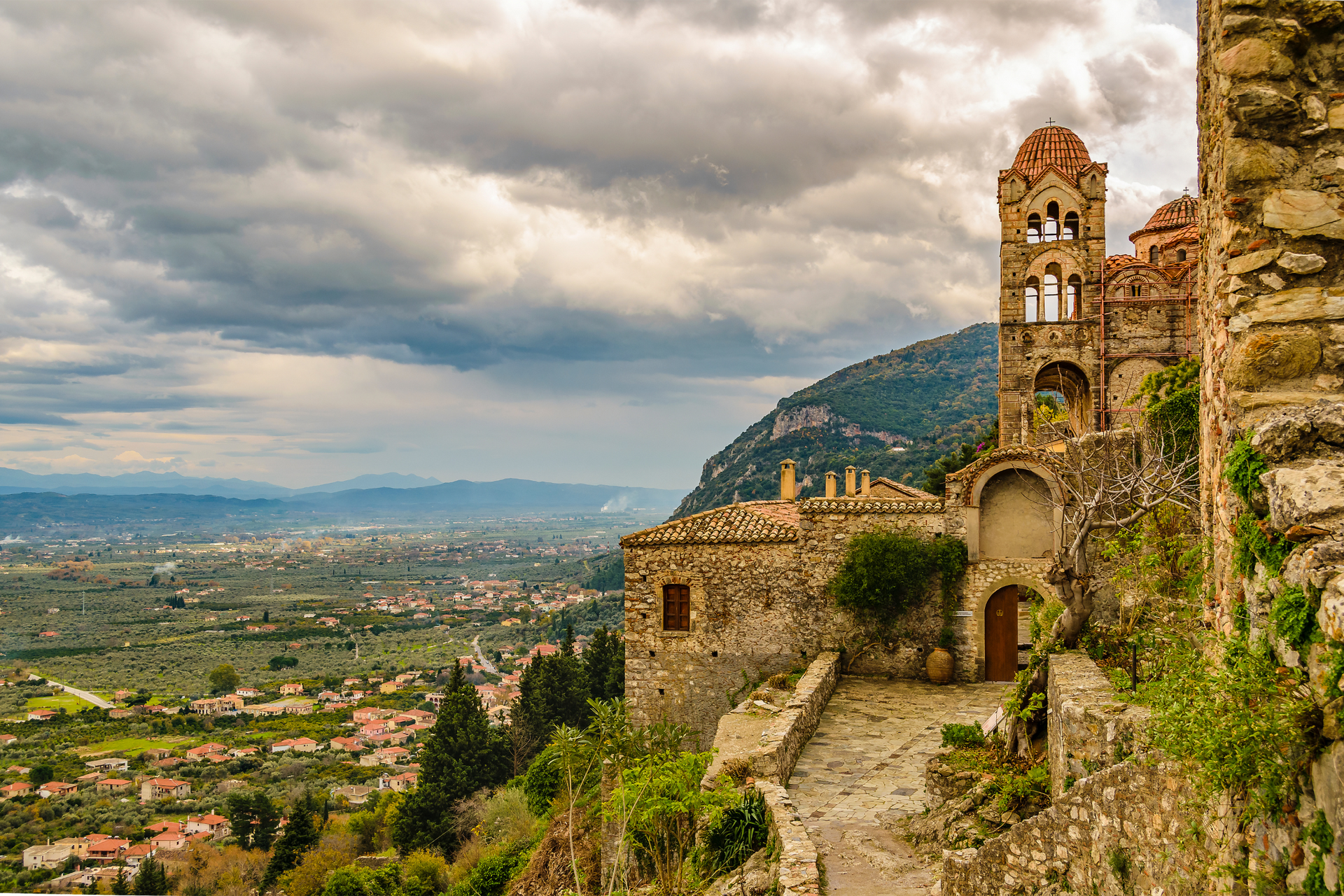 Panoramic view of the Byzantine ruins and landscape of Mystras