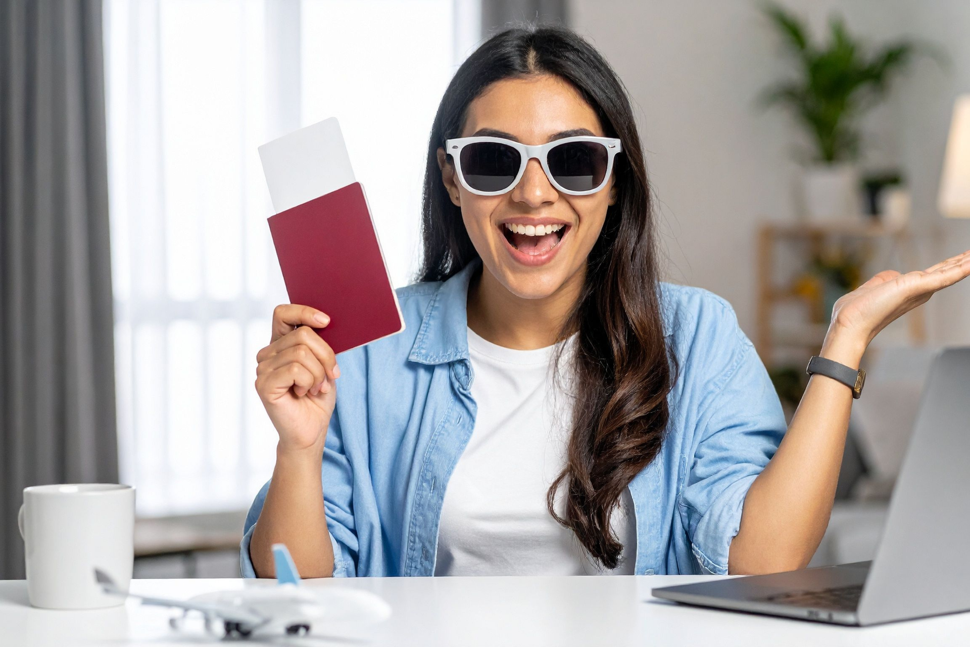 Smiling woman holding passport and boarding pass while booking flight tickets online with Athenaos.
