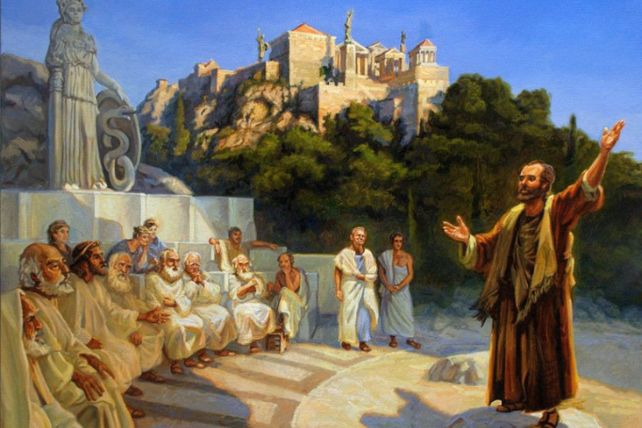 Artwork showing Apostle Paul addressing the Athenians at the Areopagus Hill