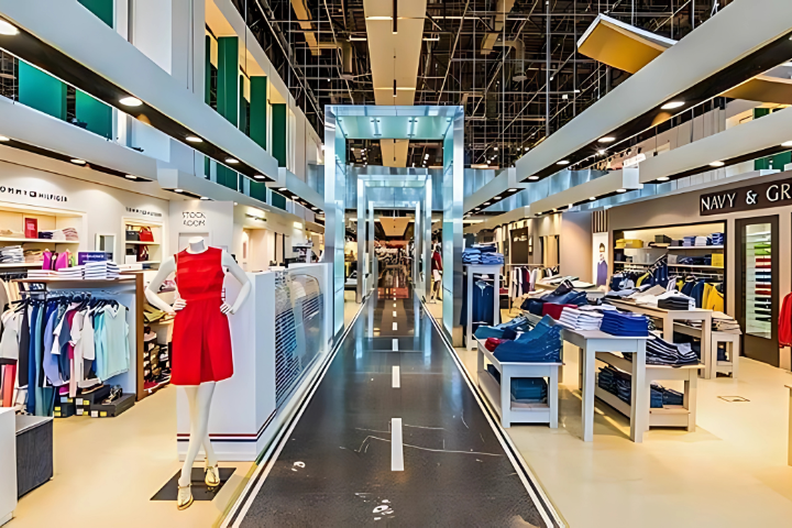Shopping area with fashion brands inside Factory Outlet Athens Airport