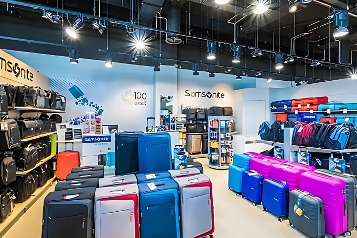 Samsonite store interior with colorful suitcases at Factory Outlet Athens Airport
