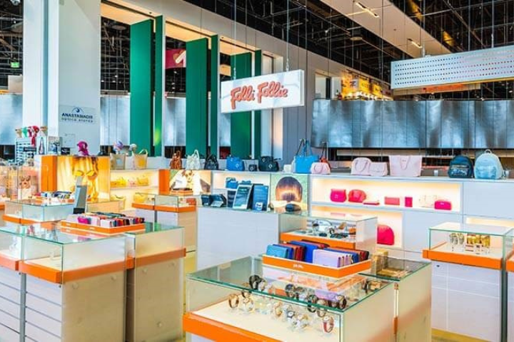 Folli Follie store interior with jewelry and accessories displays at Factory Outlet Athens Airport