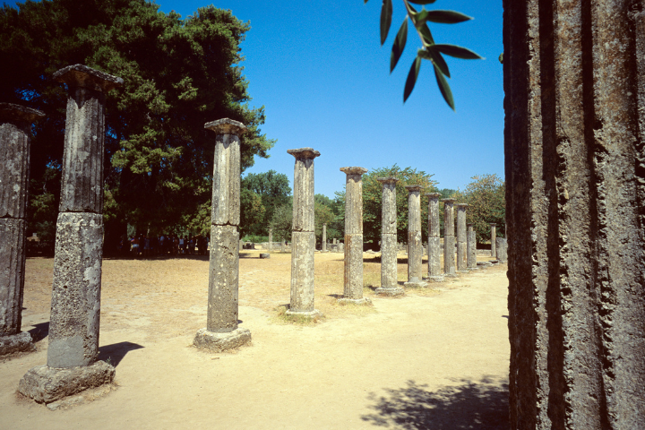 Row of ancient columns at the archaeological site of Olympia