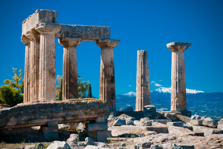 Ruins and standing columns at Ancient Corinth archaeological site