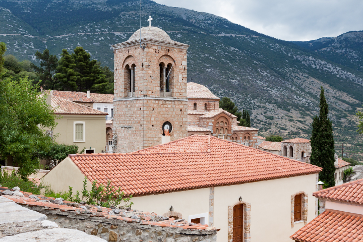 Monastery of Hosios Loukas near Delphi surrounded by mountains