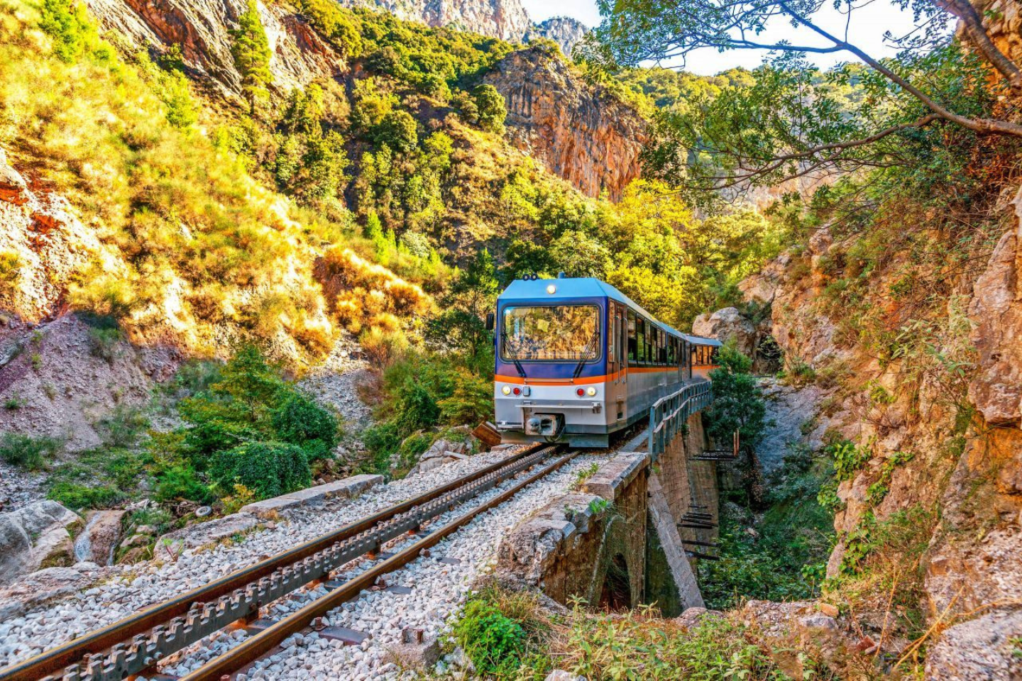 Odontotos rack railway passing through Vouraikos Gorge