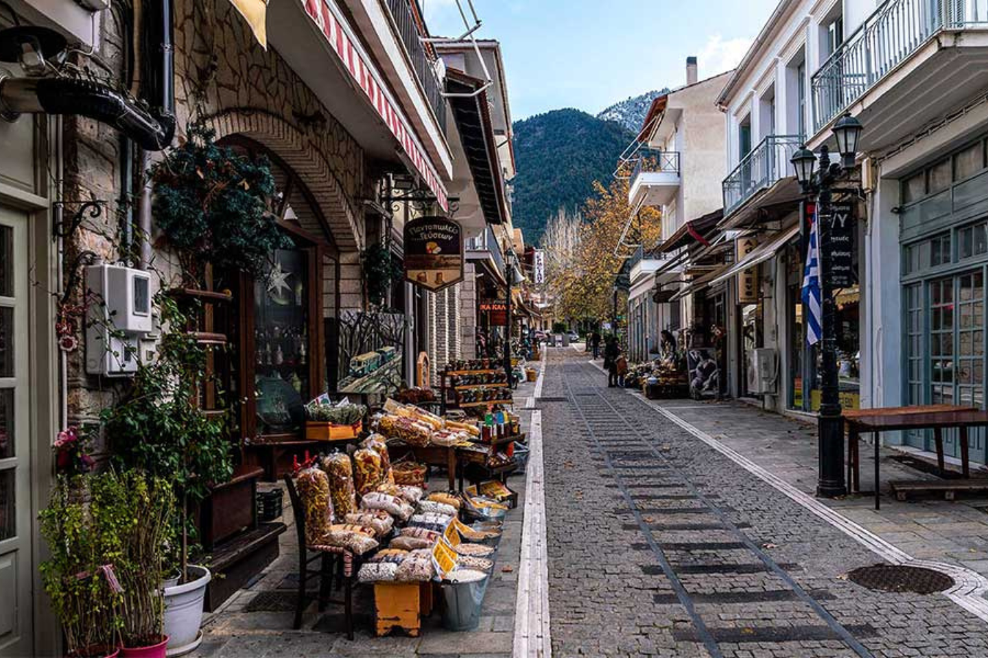 Traditional main street of Kalavryta with local shops and cafes