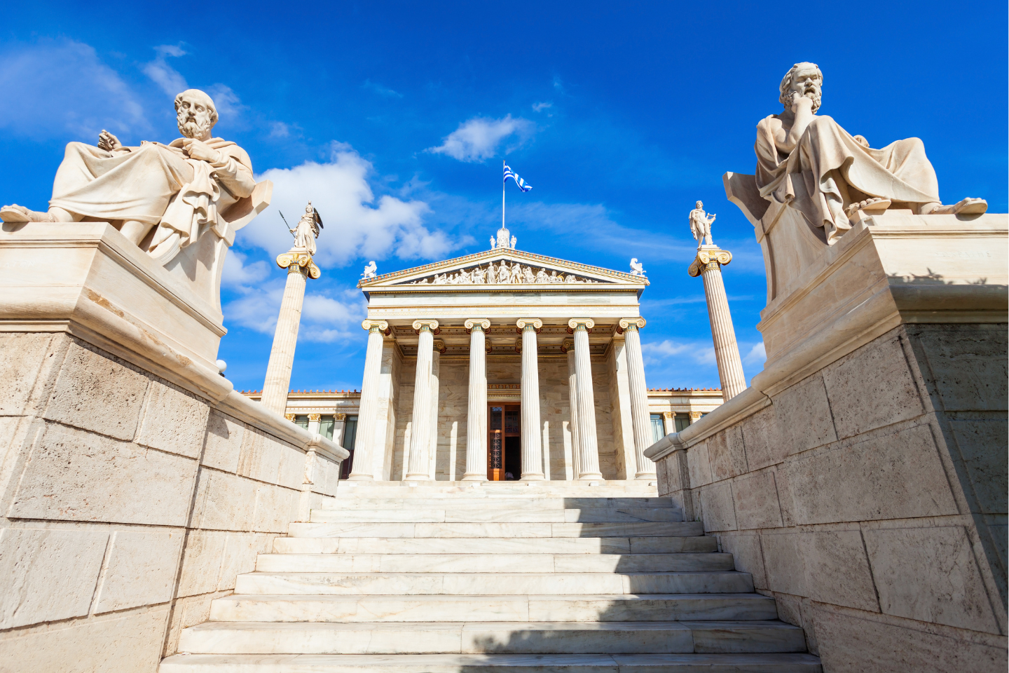 Statues of Plato and Socrates at the Academy of Athens