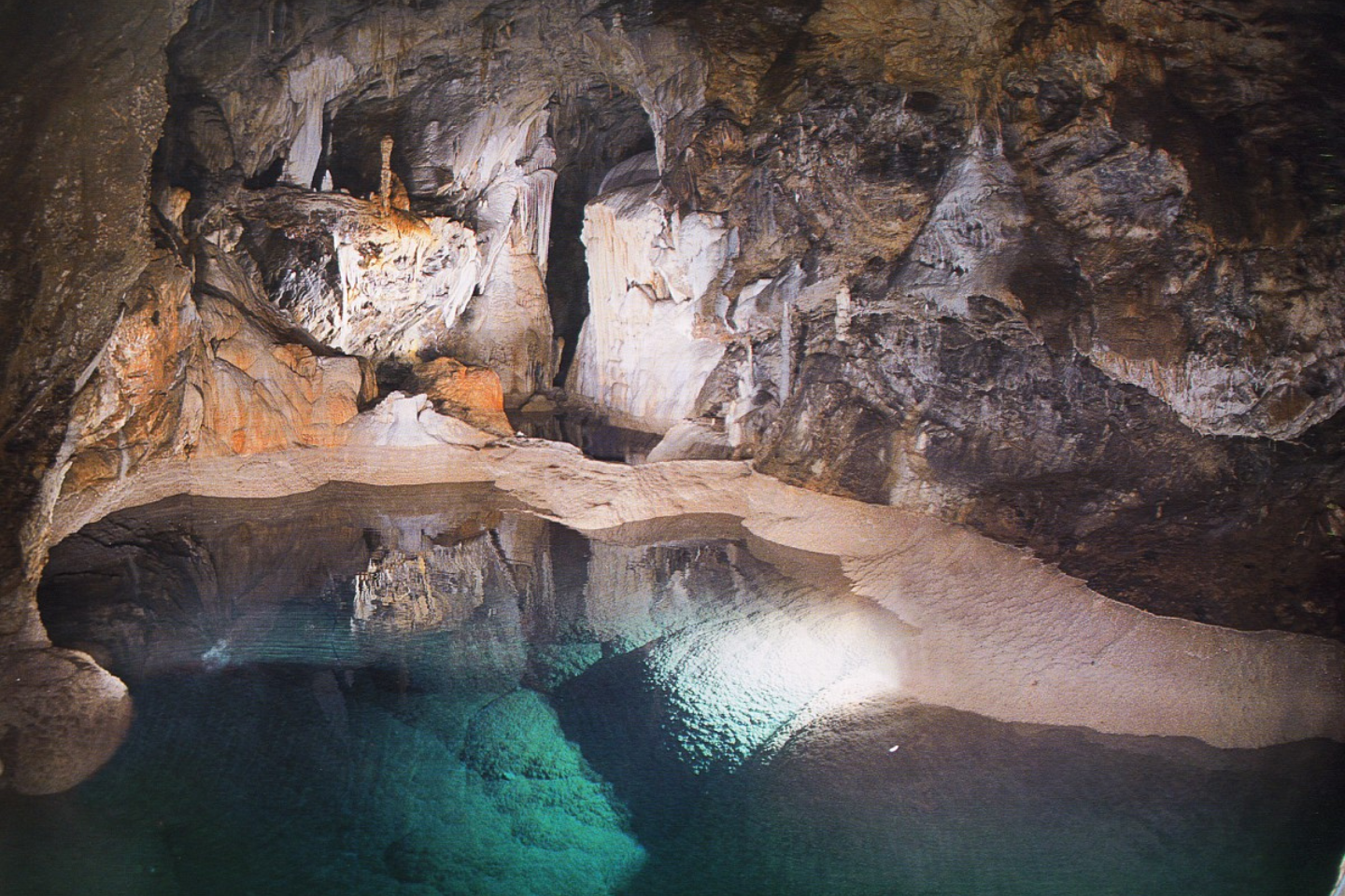 Cave of Lakes near Kalavryta with illuminated underground chambers