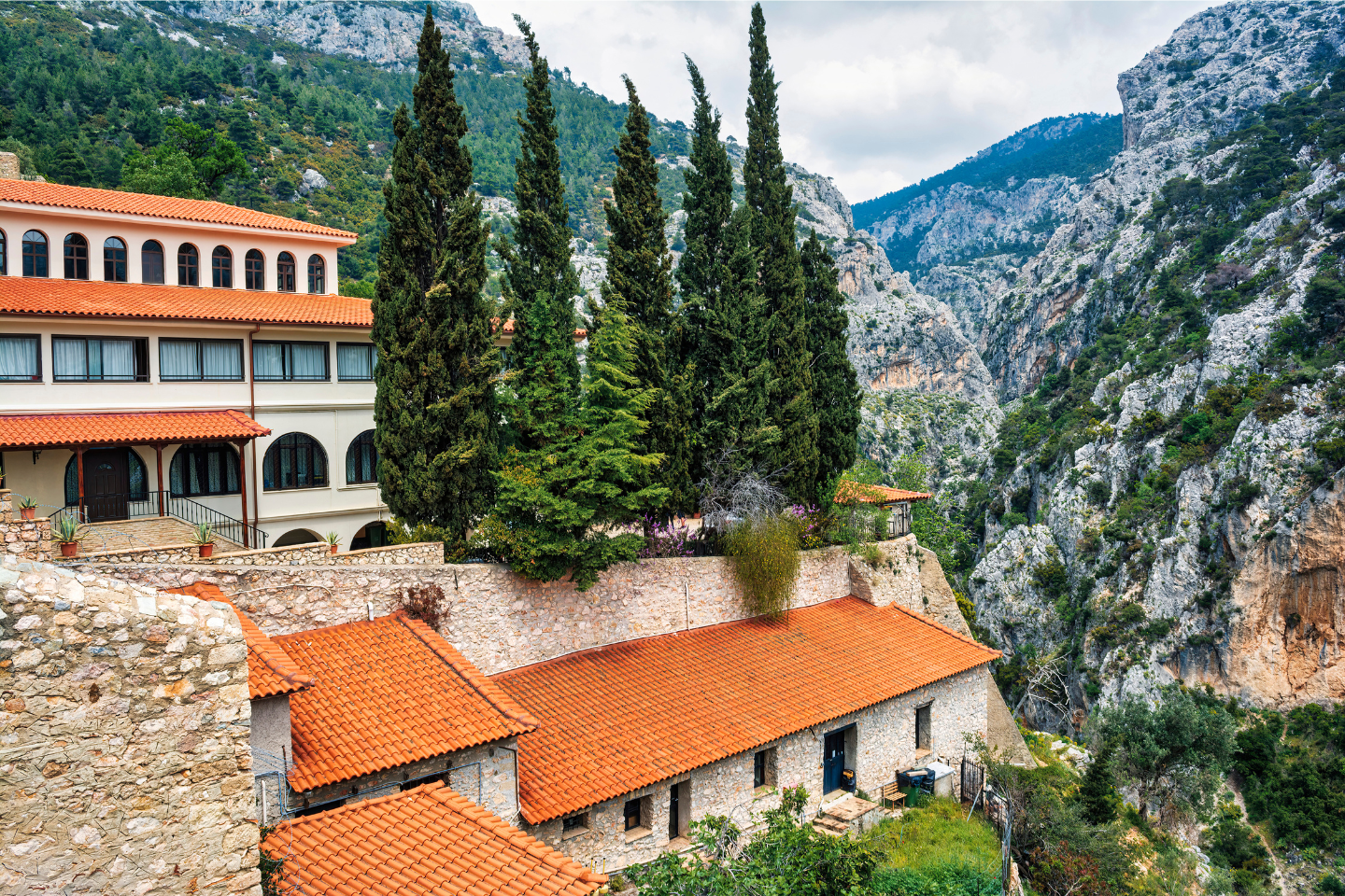 Monastery of Kleiston hidden among Mount Parnitha cliffs