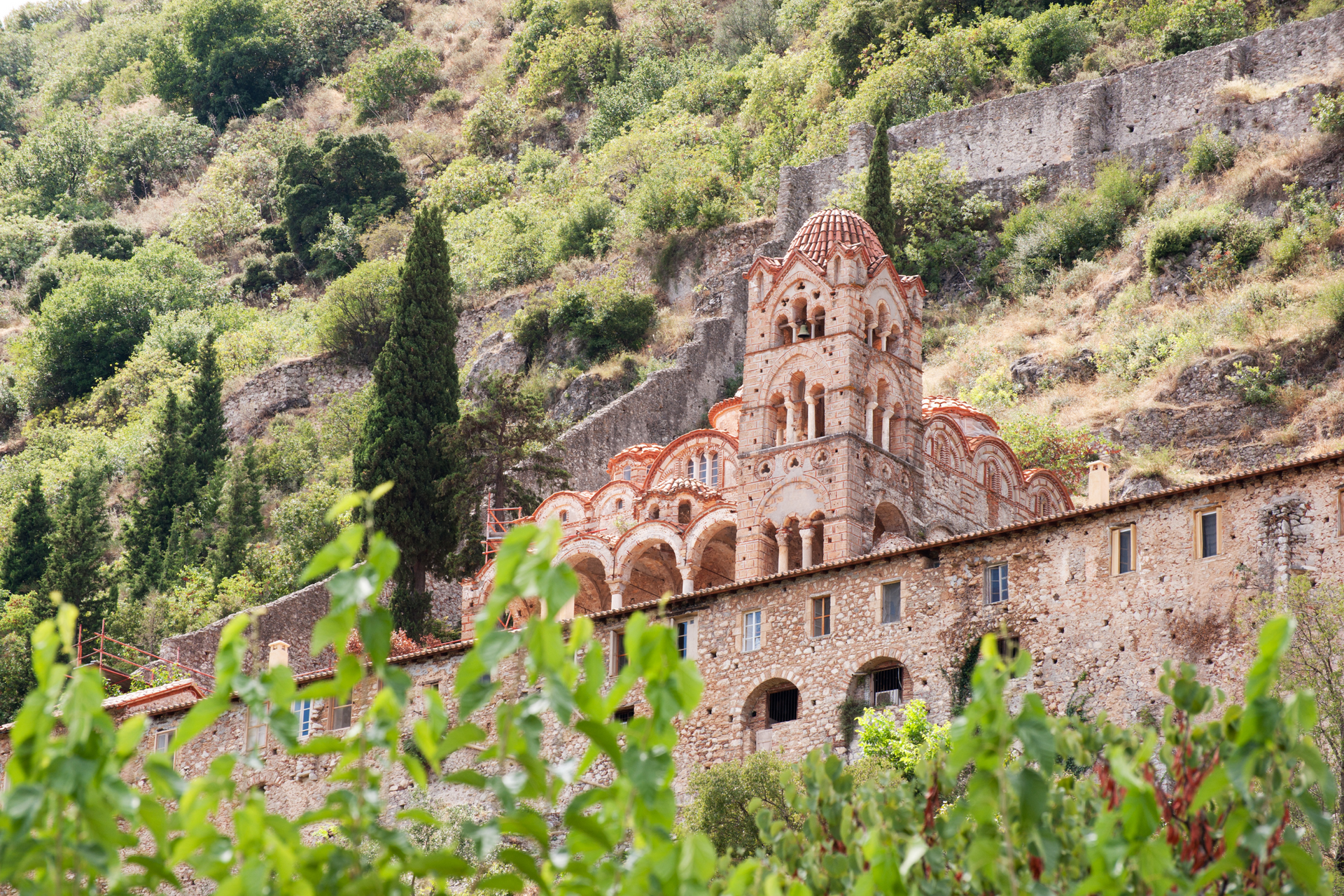 Church of Our Lady Hodegetria in Mystras surrounded by greenery