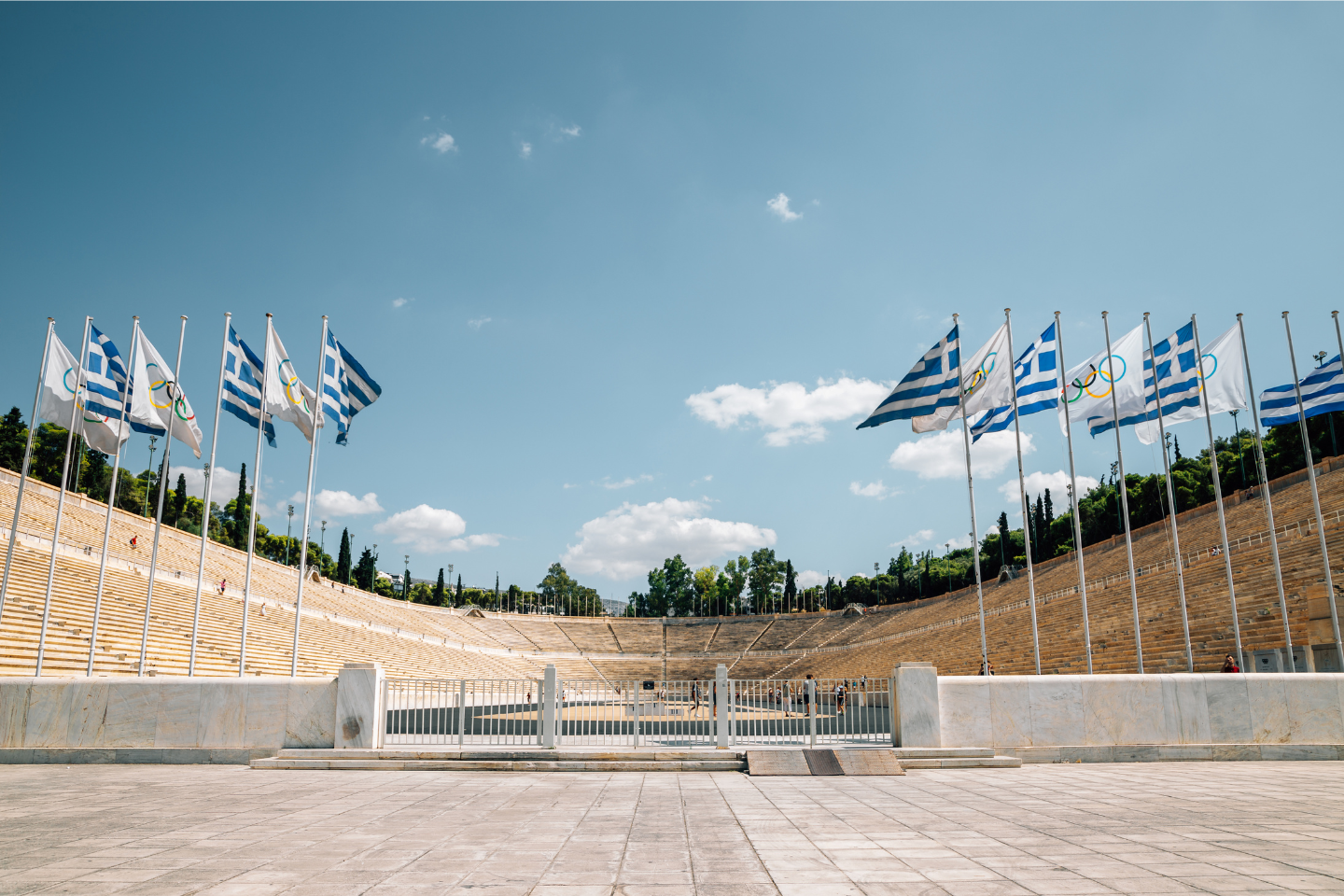 Panathenaic Stadium in Athens with Greek flags