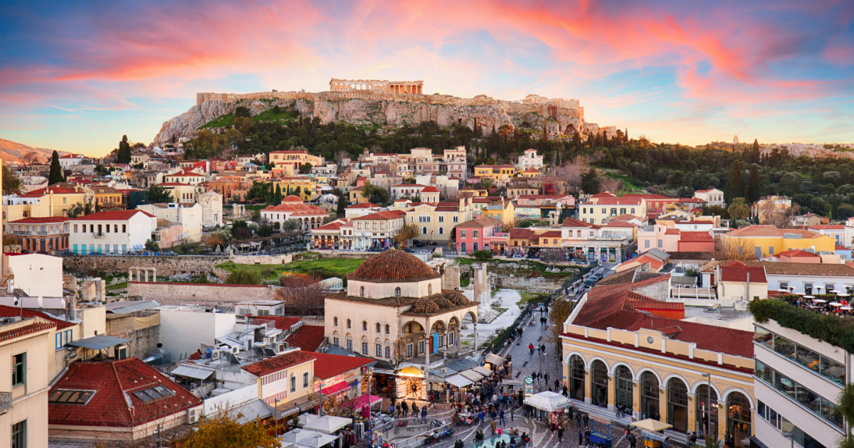 View of the Acropolis overlooking Plaka and Monastiraki Square at sunset