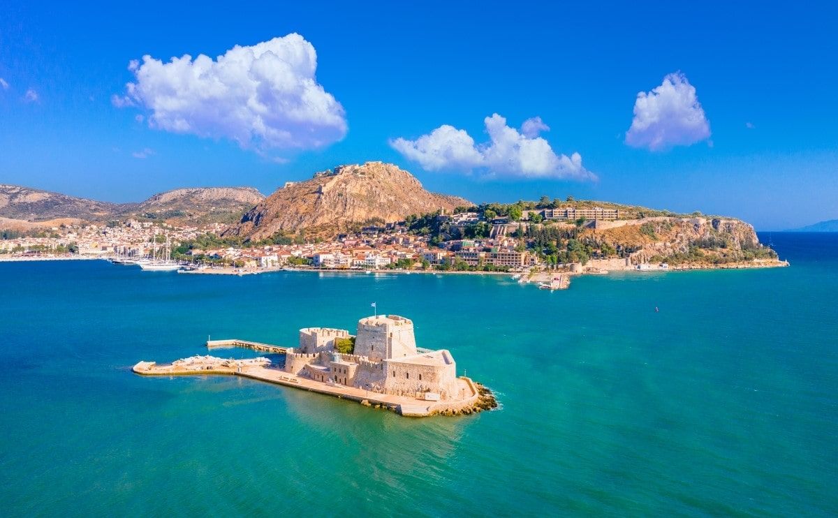 Aerial view of Nafplio with Bourtzi fortress in the sea