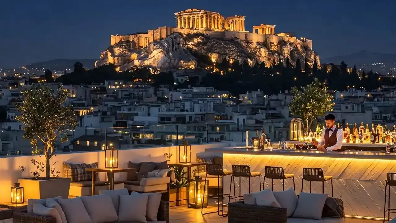 Night view of the Acropolis from a rooftop bar in Athensemple of Poseidon at Cape Sounion during sunset