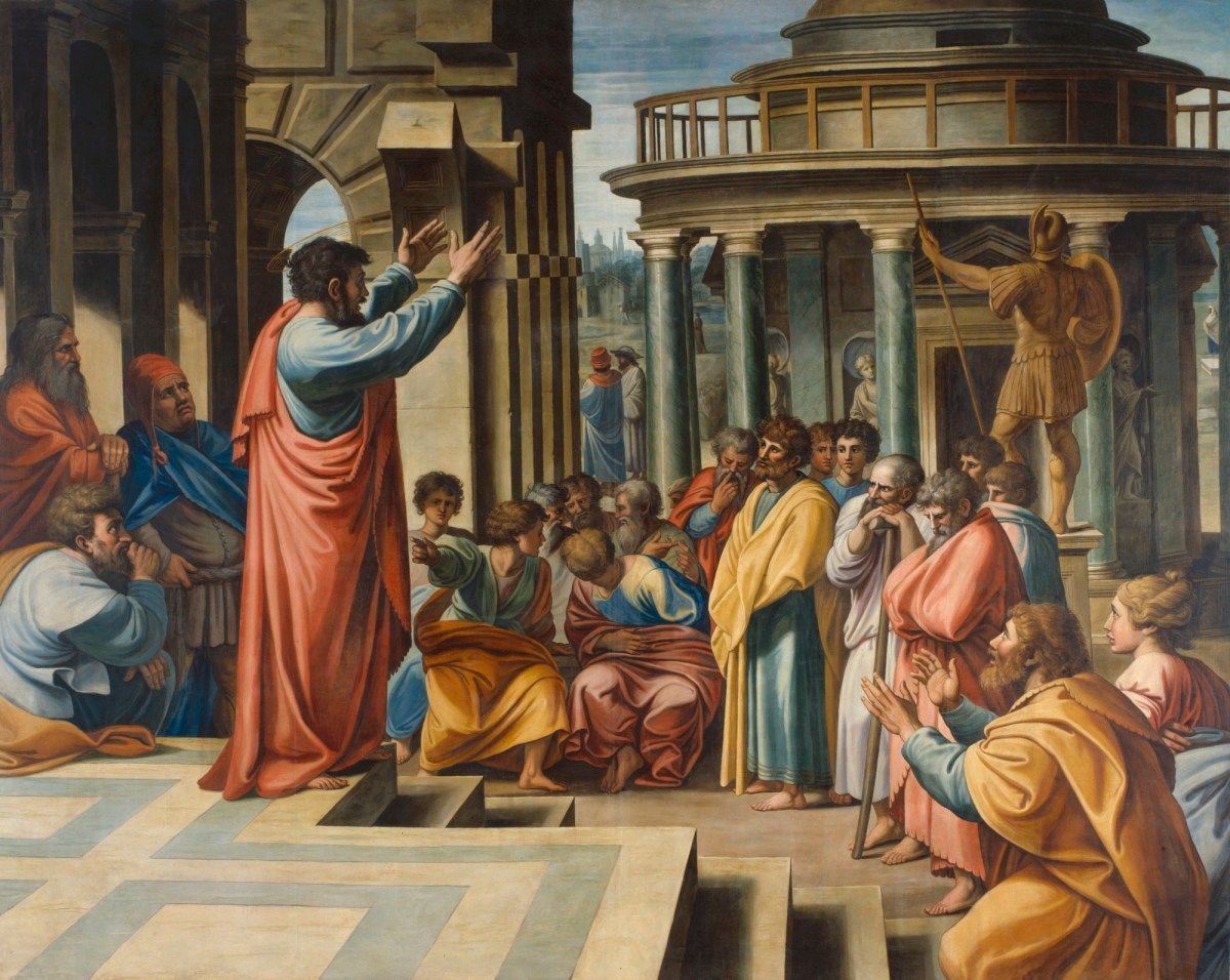 Painting depicting Apostle Paul preaching in ancient Athens