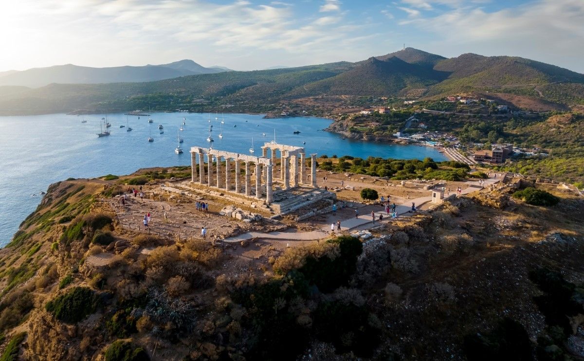 Temple of Poseidon at Cape Sounion overlooking the Aegean Sea