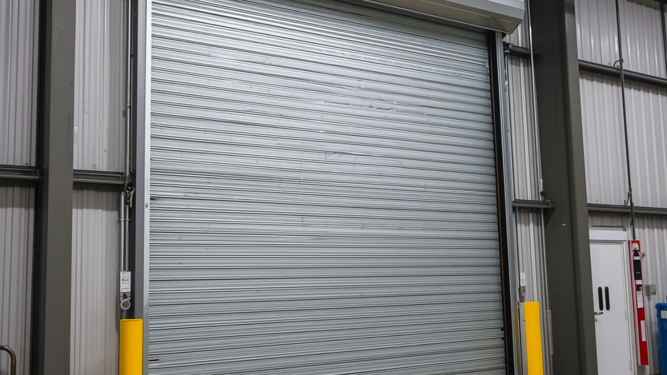 A silver, corrugated metal roll-up security door installed in an industrial warehouse setting with yellow bollards.
