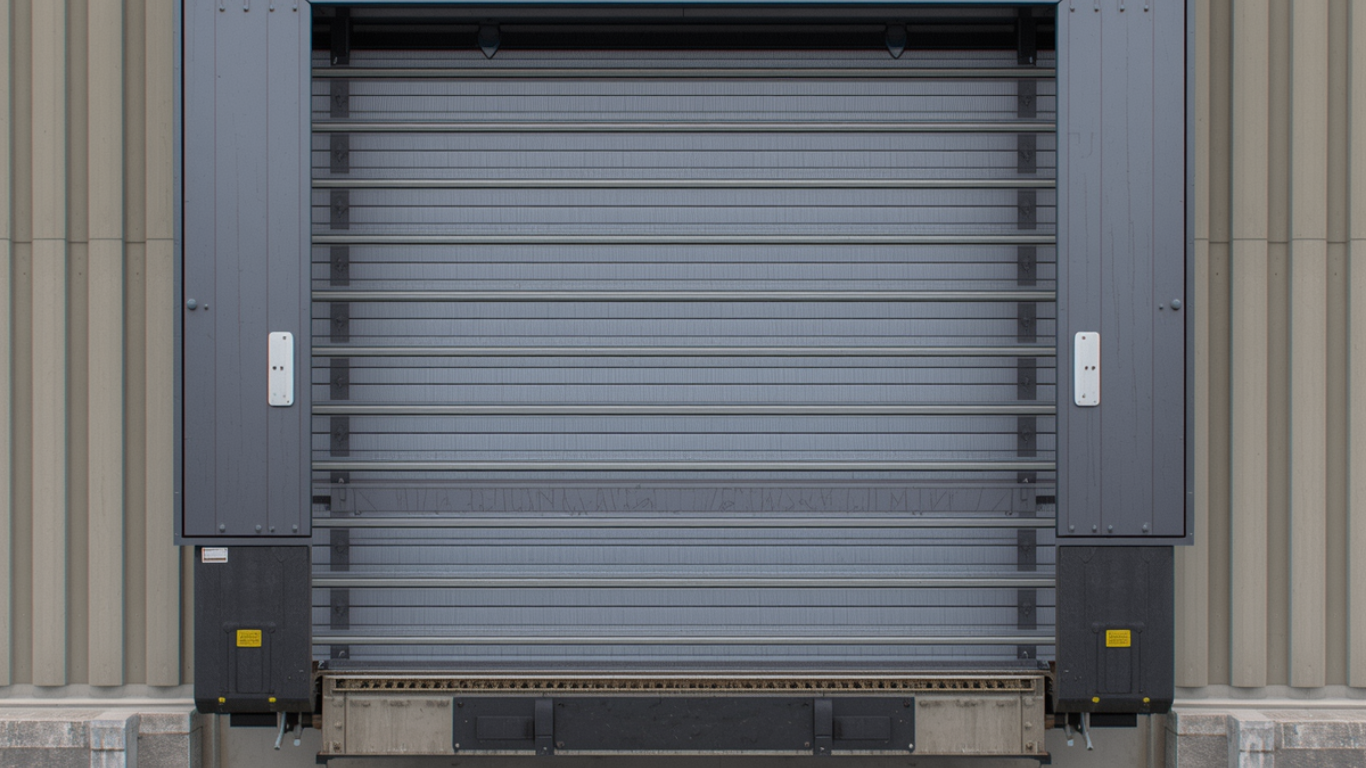 A gray, horizontal-slat rolling commercial door installed on a beige, ribbed metal warehouse wall.