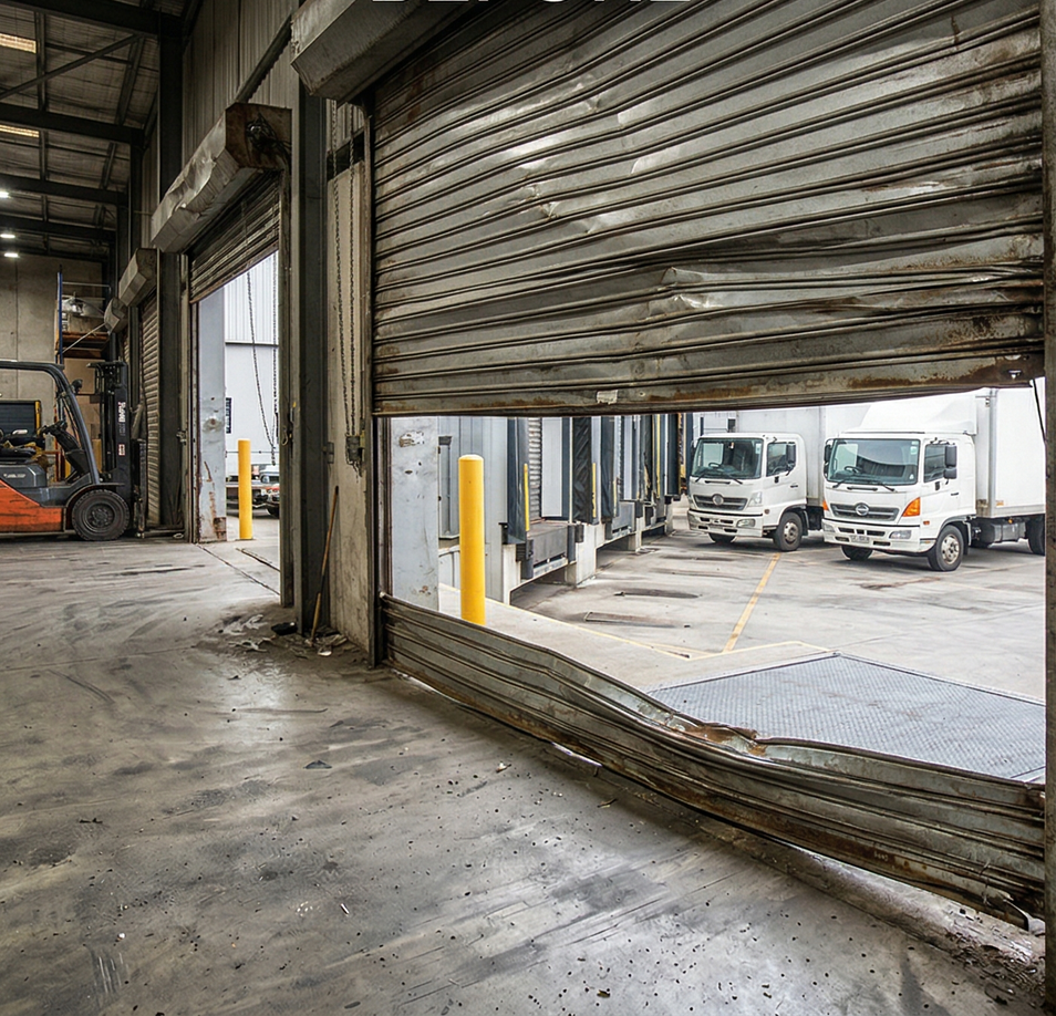 An open, damaged rolling warehouse door shows two white delivery trucks parked in a loading bay.