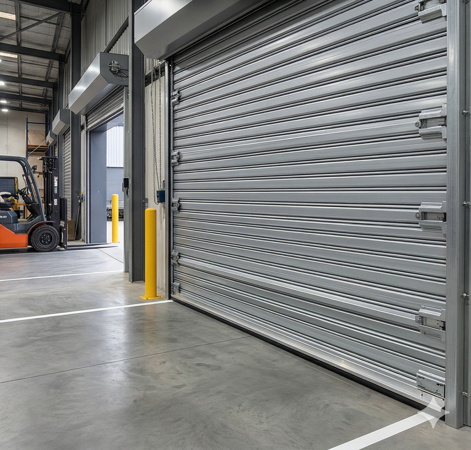 A closed gray industrial rolling door in a warehouse with a forklift parked in the background.