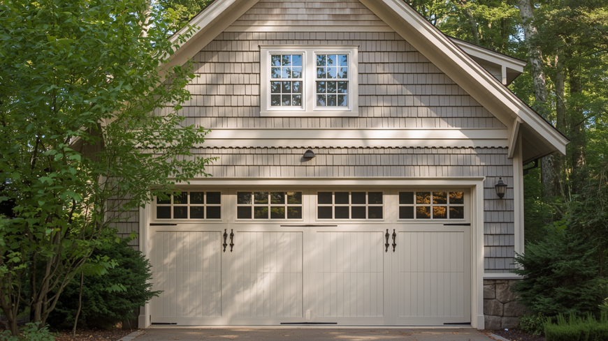A detached two-story garage with gray shake shingles, a light-colored double door, and a centered upper window.
